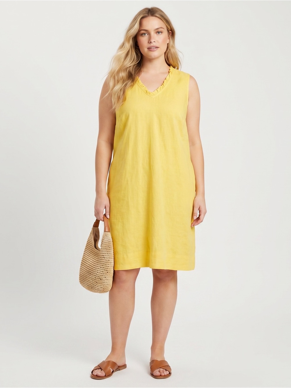 BRIGGS Linen Ruffle Neckline Shift Dress